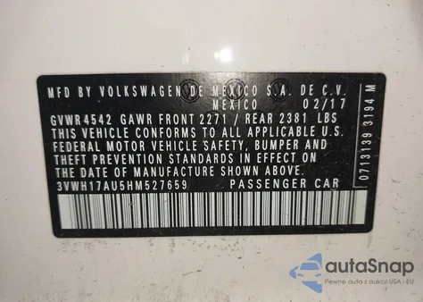 2017 Volkswagen Golf Alltrack Tsi S/Tsi Se/Tsi Sel из США, поврежденный, VIN 3VWH17AU5HM527659